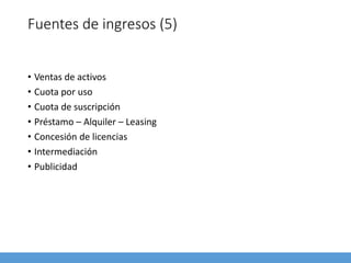 Fuentes de ingresos (5)
• Ventas de activos
• Cuota por uso
• Cuota de suscripción
• Préstamo – Alquiler – Leasing
• Concesión de licencias
• Intermediación
• Publicidad
 
