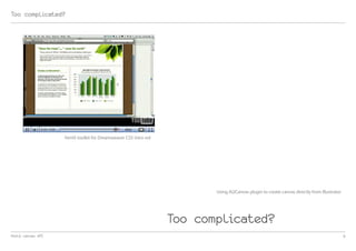 Too complicated?




                   html5 toolkit for Dreamweaver CS5 intro vid




                                                                        Using Ai2Canvas plugin to create canvas directly from Illustrator




                                                                 Too complicated?
html5 canvas API                                                                                                                            9
 