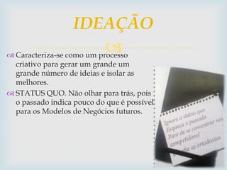  Caracteriza-se como um processo
criativo para gerar um grande um
grande número de ideias e isolar as
melhores.
 STATUS QUO. Não olhar para trás, pois
o passado indica pouco do que é possível
para os Modelos de Negócios futuros.
IDEAÇÃO
 