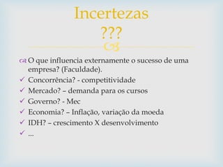 
 O que influencia externamente o sucesso de uma
empresa? (Faculdade).
 Concorrência? - competitividade
 Mercado? – demanda para os cursos
 Governo? - Mec
 Economia? – Inflação, variação da moeda
 IDH? – crescimento X desenvolvimento
 ...
Incertezas
???
 