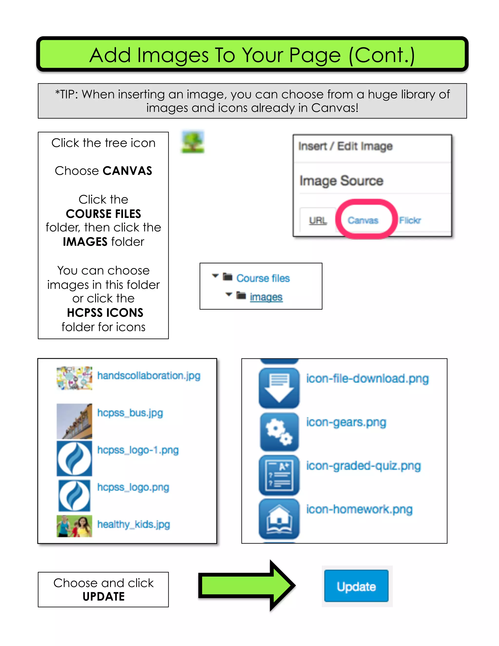 Add Images To Your Page (Cont.)
*TIP: When inserting an image, you can choose from a huge library of
images and icons already in Canvas!
Click the tree icon
Choose CANVAS
Click the
COURSE FILES
folder, then click the
IMAGES folder
You can choose
images in this folder
or click the
HCPSS ICONS
folder for icons
Choose and click
UPDATE
 