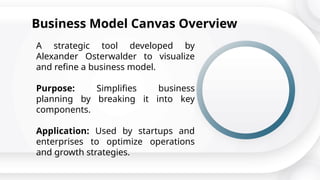 Business Model Canvas Overview
A strategic tool developed by
Alexander Osterwalder to visualize
and refine a business model.
Purpose: Simplifies business
planning by breaking it into key
components.
Application: Used by startups and
enterprises to optimize operations
and growth strategies.
 