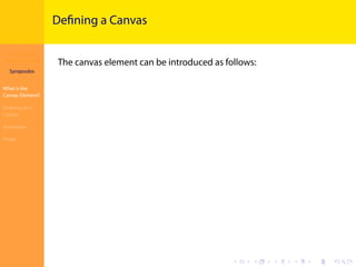 The HTML5
Canvas Element
Syropoulos
What is the
Canvas Element?
Drawing on a
Canvas
Animation
Finale
.
.
.
.
.
.
.
.
.
.
....
