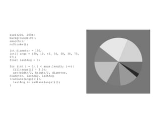 size(200, 200);
background(100);
smooth();
noStroke();

int diameter = 150;
int[] angs = {30, 10, 45, 35, 60, 38, 75,
67};
float lastAng = 0;

for (int i = 0; i < angs.length; i++){
  fill(angs[i] * 3.0);
  arc(width/2, height/2, diameter,
diameter, lastAng, lastAng
+radians(angs[i]));
  lastAng += radians(angs[i]);
}
 