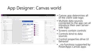App Designer: Canvas world
• Canvas app determines all
of the client-side logic
• Multiple data sources
connected to the app can all
introduce their own server-
side logic
• Screens contain controls
• Controls bind to data
sources
• Control properties drive UI
behavior
• ...via functions supported by
PowerApps Canvas apps
 