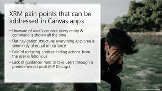 XRM pain points that can be
addressed in Canvas apps
• Unaware of user’s context: every entity &
command is shown all the time
• Flat navigation structure: everything app area is
seemingly of equal importance
• Pain of reducing choices: hiding actions from
the user is laborious
• Lack of guidance: hard to take users through a
predetermined path (RIP Dialogs)
Photo by Francisco Gonzalez on Unsplash
 