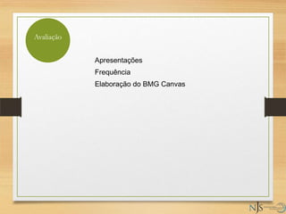 Apresentações
Frequência
Elaboração do BMG Canvas
Avaliação
 