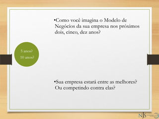 5 anos?
10 anos?
•Como você imagina o Modelo de
Negócios da sua empresa nos próximos
dois, cinco, dez anos?
•Sua empresa estará entre as melhores?
Ou competindo contra elas?
 