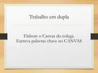 Trabalho em dupla
Elabore o Canvas do colega.
Escreva palavras chave no CANVAS
 