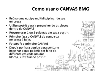 Como usar o CANVAS BMG
• Reúna uma equipe multidisciplinar de sua
empresa
• Utilize post-it para ir preenchendo os blocos
dentro do CANVAS
• Procure usar 1 ou 2 palavras em cada post-it
• Primeiro faça o CANVAS de como sua
empresa é hoje.
• Fotografe o primeiro CANVAS
• Depois ponha a equipe para pensar e
imaginar o que poderia ser feito de
diferente em cada um dos
blocos, substituindo post-it.

 