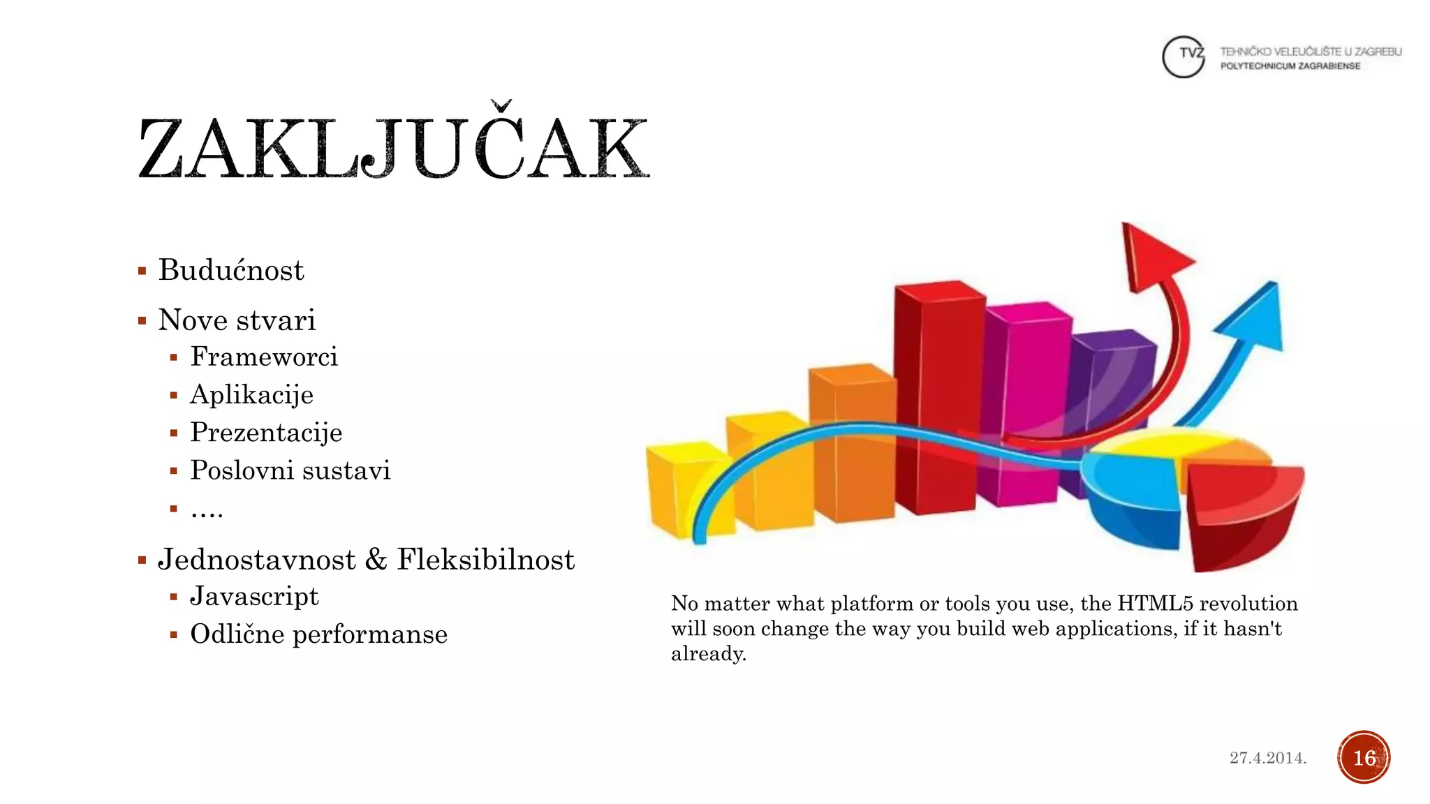  Budućnost
 Nove stvari
 Frameworci
 Aplikacije
 Prezentacije
 Poslovni sustavi
 ….
 Jednostavnost & Fleksibilnost
 Javascript
 Odlične performanse
1627.4.2014.
No matter what platform or tools you use, the HTML5 revolution
will soon change the way you build web applications, if it hasn't
already.
 