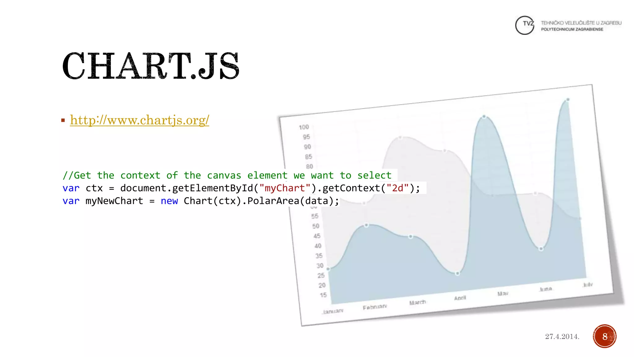  http://www.chartjs.org/
//Get the context of the canvas element we want to select
var ctx = document.getElementById("myChart").getContext("2d");
var myNewChart = new Chart(ctx).PolarArea(data);
827.4.2014.
 
