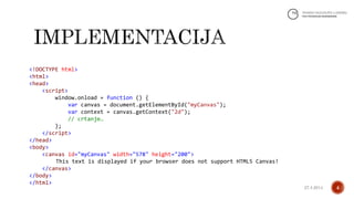 <!DOCTYPE html>
<html>
<head>
<script>
window.onload = function () {
var canvas = document.getElementById("myCanvas");
var context = canvas.getContext("2d");
// crtanje…
};
</script>
</head>
<body>
<canvas id="myCanvas" width="578" height="200">
This text is displayed if your browser does not support HTML5 Canvas!
</canvas>
</body>
</html>
427.4.2014.
 