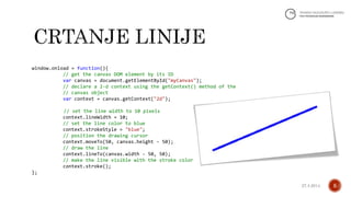 window.onload = function(){
// get the canvas DOM element by its ID
var canvas = document.getElementById("myCanvas");
// declare a 2-d context using the getContext() method of the
// canvas object
var context = canvas.getContext("2d");
// set the line width to 10 pixels
context.lineWidth = 10;
// set the line color to blue
context.strokeStyle = "blue";
// position the drawing cursor
context.moveTo(50, canvas.height - 50);
// draw the line
context.lineTo(canvas.width - 50, 50);
// make the line visible with the stroke color
context.stroke();
};
527.4.2014.
 