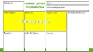 Tema:Participantes
Problema Social
Referências Bibliográficas:
Resultados e IndicadoresObstáculos Impacto Social
Apoiadores Ações Estratégicas Recursos
 