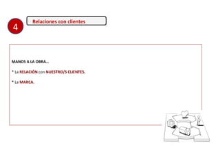 Relaciones con clientes
MANOS A LA OBRA…
* La RELACIÓN con NUESTRO/S CLIENTES.
* La MARCA.
4
 