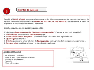 Fuentes de ingresos
Describir el FLUJO DE CAJA que genera la empresa en los diferentes segmentos de mercado. Las fuentes de
ingresos constituyen principalmente el DINERO EN EFECTIVO DE UNA EMPRESA, que se obtiene a través de
propuestas de valor ofrecidas con éxito a los clientes.
Entre las preguntas que hay que dar respuesta están:
1. ¿Qué están dispuestos a pagar los clientes por nuestra solución? ¿Para qué se paga en la actualidad?
2. ¿Cómo se paga actualmente? ¿Cómo prefieren pagar?
3. ¿Cuáles son las fuentes de ingresos? ¿Cómo contribuye cada fuente a los ingresos totales?
4. ¿Qué margen se obtendrá?
5. Criterios que se van a aplicar a la hora de fijar los precios: costes, precios de la competencia, experiencia, ...
6. Forma de cobro: establecer el modo y el plazo de cobro a clientes.
ANEXOS Y HERRAMIENTAS
* Plan Económico - Financiero:
- Precio de venta y coste por producto/servicio.
- Previsión de ventas y gastos.
- Tesorería.
- Plazos cobros-pagos.
5
 