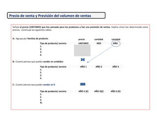 Precio de venta y Previsión del volumen de ventas
Tipo de producto/ servicio AÑO 1 (€) AÑO 2(€) AÑO 3 (€)
1.
2.
3.
4.
Señala el precio (UNITARIO) que has pensado para tus productos y haz una previsión de ventas. Explica cómo has determinado estos
precios. Construye las siguientes tablas.
A.- Agrupa por familias de producto.
B.- Cuanto piensas que puedes vender en unidades:
C.- Cuanto piensas que puedes vender en €:
Tipo de producto/ servicio AÑO 1 AÑO 2 AÑO 3
1.
2.
3.
4.
Tipo de producto/ servicio UNITARIO MES AÑO
1.
2.
3.
4.
precio cantidad cantidad
 