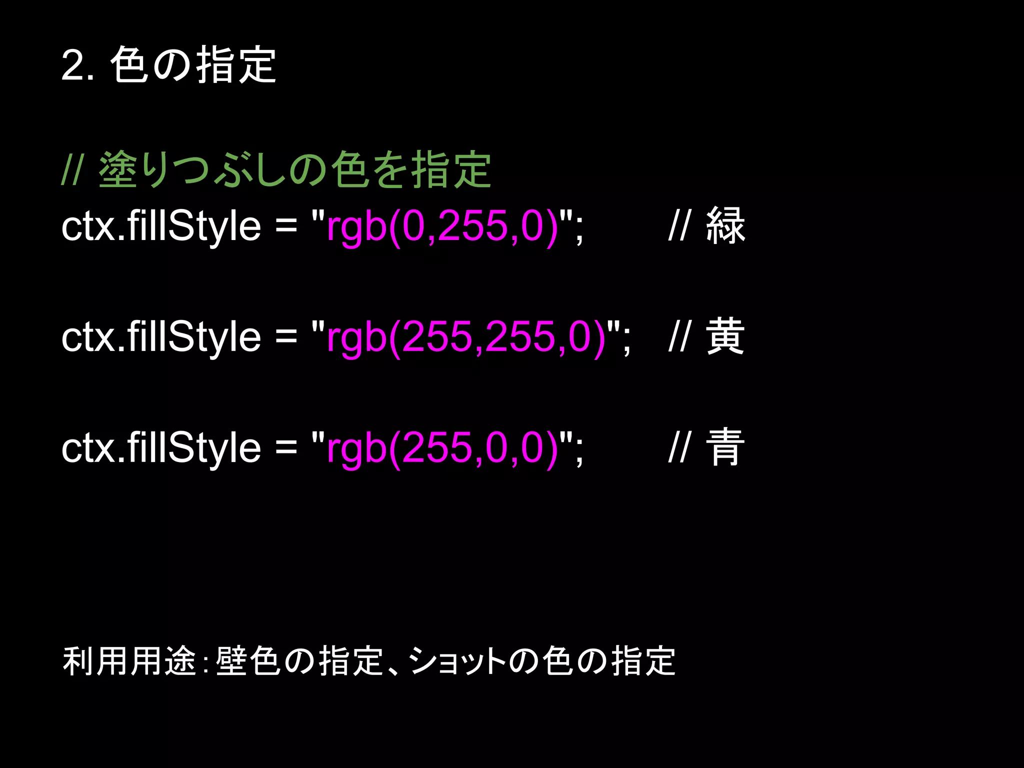 2. 色の指定

// 塗りつぶしの色を指定
ctx.fillStyle = "rgb(0,255,0)";   // 緑

ctx.fillStyle = "rgb(255,255,0)"; // 黄

ctx.fillStyle = "rgb(255,0,0)";   // 青



利用用途：壁色の指定、ショットの色の指定
 