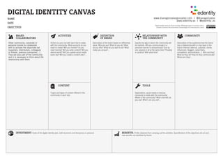 DIGITAL IDENTITY CANVAS
www.dianagonzalezgonzalez.com I @dianagonzalez
www.edentity.es I @edentity_es
NAME
DATE
objectives
BRAND
COLLABORATORS
Other community, corporate or
personal brands to collaborate
with to achieve the objectives set
(suppliers, distributors, colleagues
or friends, previous companies…).
They are also part of the community
and it is necessary to think about the
relationship with them.
ACTIVITIES
Actions to carry out with each tool to relate
with the community. What accounts do you
need to create? Will you monitor? Do you
need training? Will you write content? Will you
attend events? Will you update social media
every day? Will you create a content plan?...
definition
of brand
Description of the brand based on differential
value. Who are you? What do you do? What
do you offer? What do you want to do? What
make you unique?...
relationship with
the community
Specify the way in which the community will
be reached. Will you communicate in a
personal manner or anonymously? One by
one, several or all at the same time? Privately
or publicly? With what tone?
community
Description of the audiences that the brand
has a relationship with or may have in the
future (internal, external, potential, clients,
influencers, bloggers, prescribers,
competition, administration...). Who are they?
What do they do? How do they communicate?
Where are they?...
CONTENT
Topics and types of content offered to the
community in each tool.
TOOLS
Applications, social media or devices
necessary to relate with the community.
Where is the community? What channels do
you use? Which can you use?...
investment. Costs of the digital identity plan, both economic and temporary or personal benefits. Profits obtained from carrying out the activities. Quantification of the objectives set out and
new benefits not identified by thems
Digital identity canvas by Diana González (@dianagonzalez) is licensed under a
Creative Commons Reconocimiento-CompartirIgual 4.0 Internacional License
 