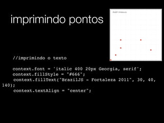 imprimindo pontos


   //imprimindo o texto

    context.font = 'italic 400 20px Georgia, serif';
    context.fillStyle = "#666";
! ! context.fillText("BrazilJS - Fortaleza 2011", 30, 40,
140);
! ! context.textAlign = "center";
 