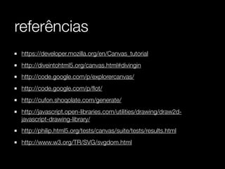 referências
 https://developer.mozilla.org/en/Canvas_tutorial
 http://diveintohtml5.org/canvas.html#divingin
 http://code.google.com/p/explorercanvas/
 http://code.google.com/p/ﬂot/
 http://cufon.shoqolate.com/generate/
 http://javascript.open-libraries.com/utilities/drawing/draw2d-
 javascript-drawing-library/
 http://philip.html5.org/tests/canvas/suite/tests/results.html
 http://www.w3.org/TR/SVG/svgdom.html
 