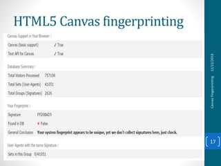 HTML5 Canvas fingerprinting
12/22/2014CanvasFingerprinting
17
 