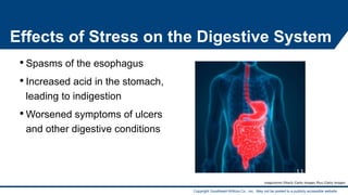 Copyright Goodheart-Willcox Co., Inc. May not be posted to a publicly accessible website.
Effects of Stress on the Digestive System
• Spasms of the esophagus
• Increased acid in the stomach,
leading to indigestion
• Worsened symptoms of ulcers
and other digestive conditions
magicmine/iStock/Getty Images Plus/Getty Images
11
 