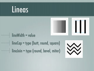 Lineas

lineWidth = value
lineCap = type (butt, round, square)
lineJoin = type (round, bevel, miter)
 