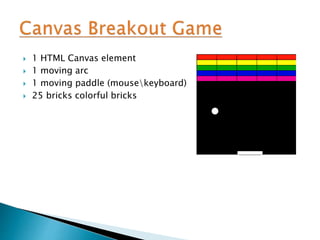  1 HTML Canvas element
 1 moving arc
 1 moving paddle (mousekeyboard)
 25 bricks colorful bricks
 