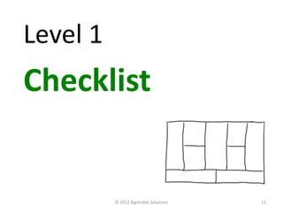 Level 1
Checklist


          © 2012 BigVisible Solutions   11
 