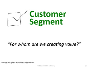 Customer
                               Segment

      “For whom are we creating value?”


Source: Adapted from Alex Osterwalder
                                        © 2012 BigVisible Solutions   13
 