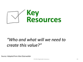 Key
                               Resources

      “Who and what will we need to
      create this value?”

Source: Adapted from Alex Osterwalder
                                        © 2012 BigVisible Solutions   19
 