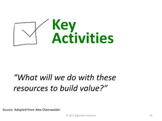 Key
                               Activities

      “What will we do with these
      resources to build value?”

Source: Adapted from Alex Osterwalder
                                        © 2012 BigVisible Solutions   20
 