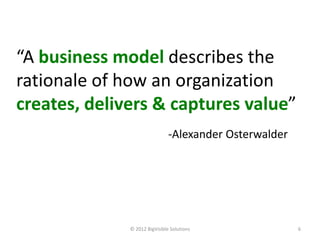 “A business model describes the
rationale of how an organization
creates, delivers & captures value”
                               -Alexander Osterwalder




              © 2012 BigVisible Solutions               6
 