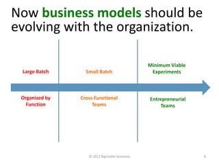 Now business models should be
evolving with the organization.

                                                 Minimum Viable
 Large Batch      Small Batch                     Experiments



 Organized by   Cross Functional                 Entrepreneurial
   Function          Teams                           Teams




                   © 2012 BigVisible Solutions                     8
 