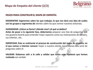 PASOS PARA CONSTRUIR EL MAPA DE EMPATÍA:
SEGMENTAR: Segmentos sobre los que trabajar, lo que nos dará una idea de cuáles
son los grupos o segmentos de clientes sobre los que centrar nuestros esfuerzos.
HUMANIZAR: ¿Cómo se llama? ¿Dónde vive? ¿A qué se dedica?
Antes de pasar a la siguiente fase, deberíamos preparar una lista de preguntas que
nos gustaría hacerle para entender mejor aspectos como sus motivaciones de compra,
sus criterios…etc.
EMPATIZAR: Éste es realmente el proceso de construcción del mapa de empatía, en
el que vamos a intentar conocer mejor a nuestro cliente, haciéndonos una serie de
preguntas sobre él.
VALIDAR: Debemos salir a la calle y validar que todas esas hipótesis que hemos
realizado son verdad.
Mapa de Empatía del cliente (2/2)
108
POR DR. C.P./LIC. V.EDUARDO BARG
 