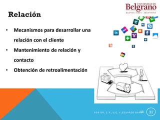 13
Relación
• Mecanismos para desarrollar una
relación con el cliente
• Mantenimiento de relación y
contacto
• Obtención de retroalimentación
32
P O R D R . C . P . / L I C . V . E D U A R D O B A R G
 