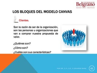 LOS BLOQUES DEL MODELO CANVAS
Clientes.
Son la razón de ser de la organización,
son las personas u organizaciones que
van a comprar nuestra propuesta de
valor.
¿Quiénes son?
¿Cómo son?
¿Cuáles son sus características?
62
P O R D R . C . P . / L I C . V . E D U A R D O B A R G
 