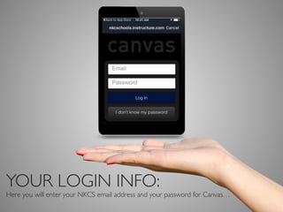YOUR LOGIN INFO:
As is indicated in red above, enter your ofﬁcial NKCS User ID, followed by your
password…
Your NKCS User ID #
[sixdigits]
######
 