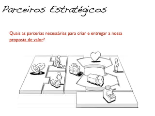 Parceiros Estratégicos
          1. Quem são    2. Quem são
               os         os parceiros
 Quais as parcerias necessárias para criar e entregar a nossa
         fornecedores?   estratégicos?
 proposta de valor?
 