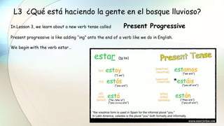 L3 ¿Qué está haciendo la gente en el bosque lluvioso?
In Lesson 3, we learn about a new verb tense called Present Progressive
Present progressive is like adding “ing” onto the end of a verb like we do in English.
We begin with the verb estar…
 