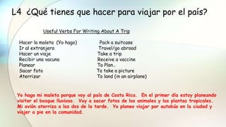 L4 ¿Qué tienes que hacer para viajar por el país?
Useful Verbs For Writing About A Trip
Hacer la maleta (Yo hago) Pack a suitcase
Ir al extranjero Travel/go abroad
Hacer un viaje Take a trip
Recibir una vacuna Receive a vaccine
Planear To Plan…
Sacar foto To take a picture
Aterrizar To land (in an airplane)
Yo hago mi maleta porque voy al país de Costa Rica. En el primer día estoy planeando
visitar el bosque lluvioso. Voy a sacar fotos de los animales y las plantas tropicales.
Mi avión aterriza a las dos de la tarde. Yo planeo viajar por autobús en la ciudad y
viajer a pie en la comunidad.
 