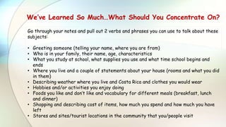 We’ve Learned So Much…What Should You Concentrate On?
Go through your notes and pull out 2 verbs and phrases you can use to talk about these
subjects:
• Greeting someone (telling your name, where you are from)
• Who is in your family, their name, age, characteristics
• What you study at school, what supplies you use and what time school begins and
ends
• Where you live and a couple of statements about your house (rooms and what you did
in them)
• Describing weather where you live and Costa Rica and clothes you would wear
• Hobbies and/or activities you enjoy doing
• Foods you like and don’t like and vocabulary for different meals (breakfast, lunch
and dinner)
• Shopping and describing cost of items, how much you spend and how much you have
left
• Stores and sites/tourist locations in the community that you/people visit
 