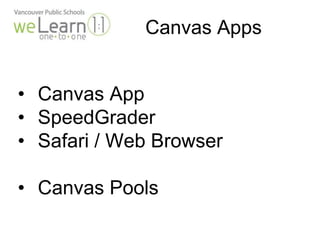 Canvas Apps 
• Canvas App 
• SpeedGrader 
• Safari / Web Browser 
• Canvas Pools 
 