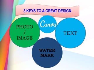 3 KEYS TO A GREAT DESIGN
WATER
MARK
TEXT
PHOTO
/
IMAGE
 