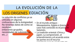 LA EVOLUCIÓN DE LA
MEDIACIÓN
LOS ORíGENES
La solución de conflictos ya se
utilizaba en algunas
civilizaciones de la Antigüedad.
No tenemos datos de como se
resolvían.
(relaciones grupales,
necesidades de subsisténcia,
etc...)
• En el mundo antiguo -
Mesopotamia, Egipto o Grecia. El
caso más conocido es el Juicio de
Salomón.
• La tradición oriental -China y
Japón. La comprensión, el
entendimiento y el acuerdo entre
las partes era el recurso
 