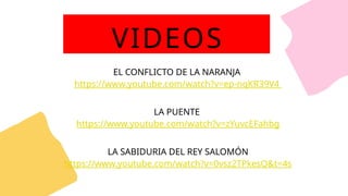 EL CONFLICTO DE LA NARANJA
https://www.youtube.com/watch?v=ep-nqKR39V4
LA PUENTE
https://www.youtube.com/watch?v=zYuvcEFahbg
LA SABIDURIA DEL REY SALOMÓN
https://www.youtube.com/watch?v=0vsz2TPkesQ&t=4s
VIDEOS
 