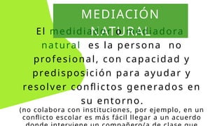 MEDIACIÓN
NATURAL
El medidiador o mediadora
natural es la persona no
profesional, con capacidad y
predisposición para ayudar y
resolver conflictos generados en
su entorno.
(no colabora con instituciones, por ejemplo, en un
conflicto escolar es más fácil llegar a un acuerdo
 