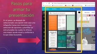 En el pasos. ya después de
seleccionado una opción este caso una
infografía Canva nos mostrara una
selección de opciones y plantillas ya
estructuradas las cuales te ofrecen
una mayor ayuda visual y conforme a
lo que estas buscando.
 